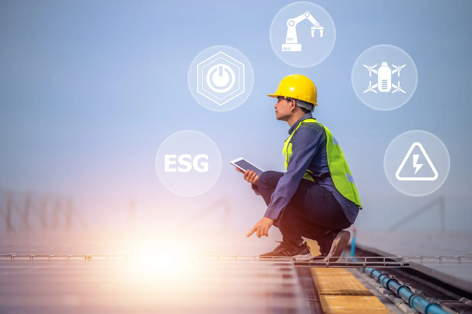 A solar energy engineer inspects photovoltaic panels using digital technology to drive a sustainable future with ESG standards."